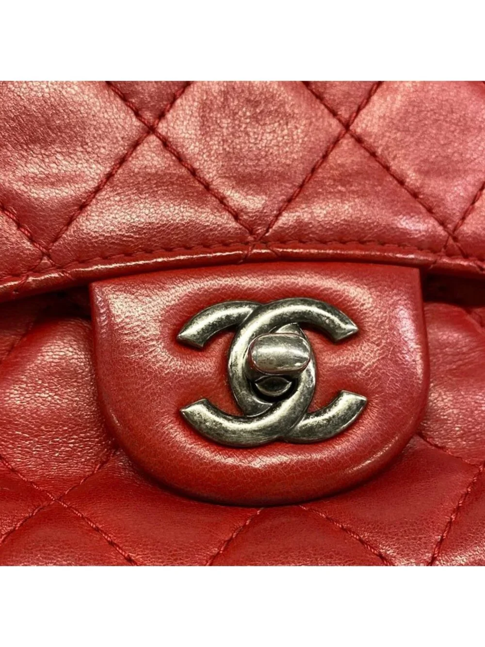 Chanel Shoulder Bag Quilted Red Silver Chain Lambskin